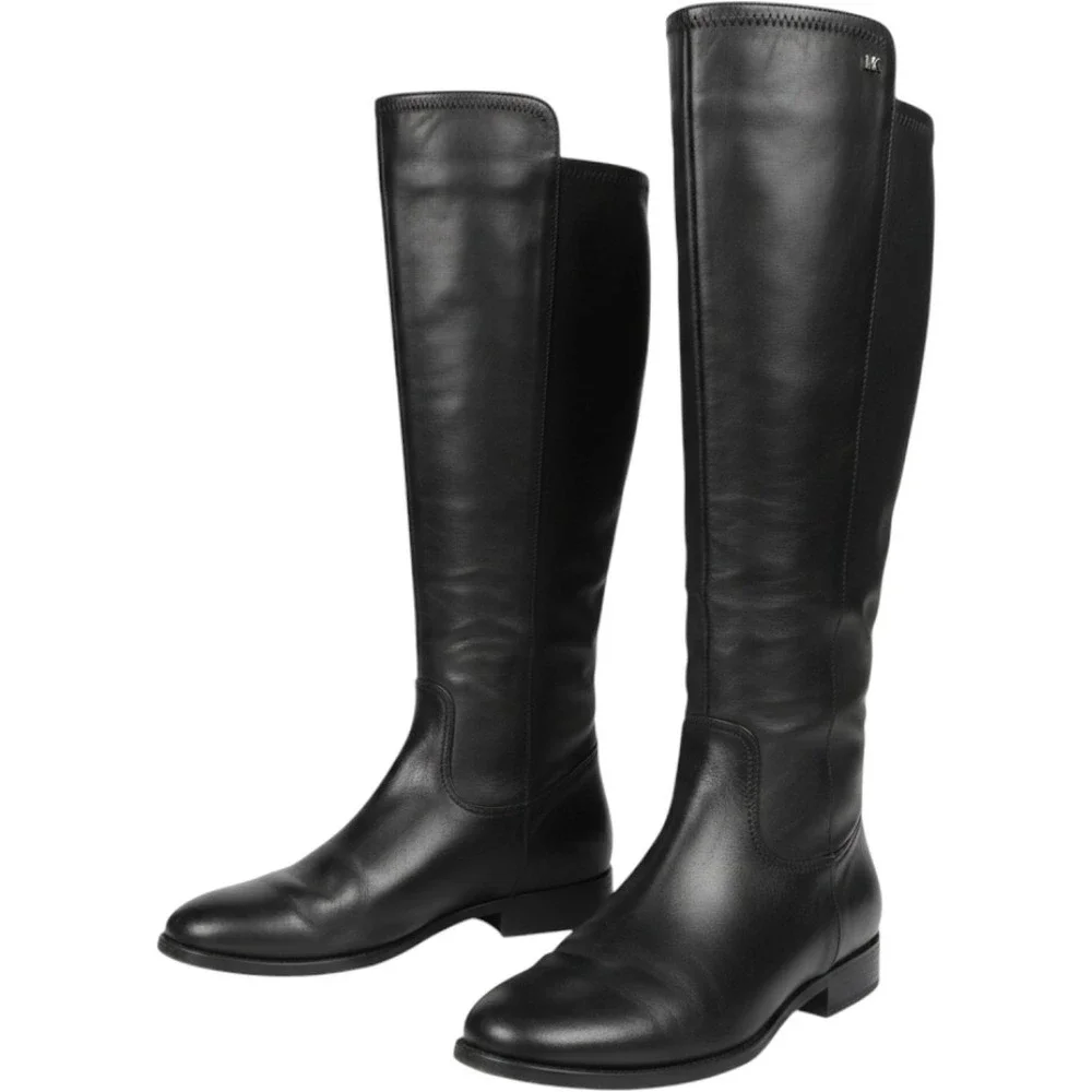 Michael Kors Black Leather Textile Tall Riding Boots PV21E Womens 8M Low Heel